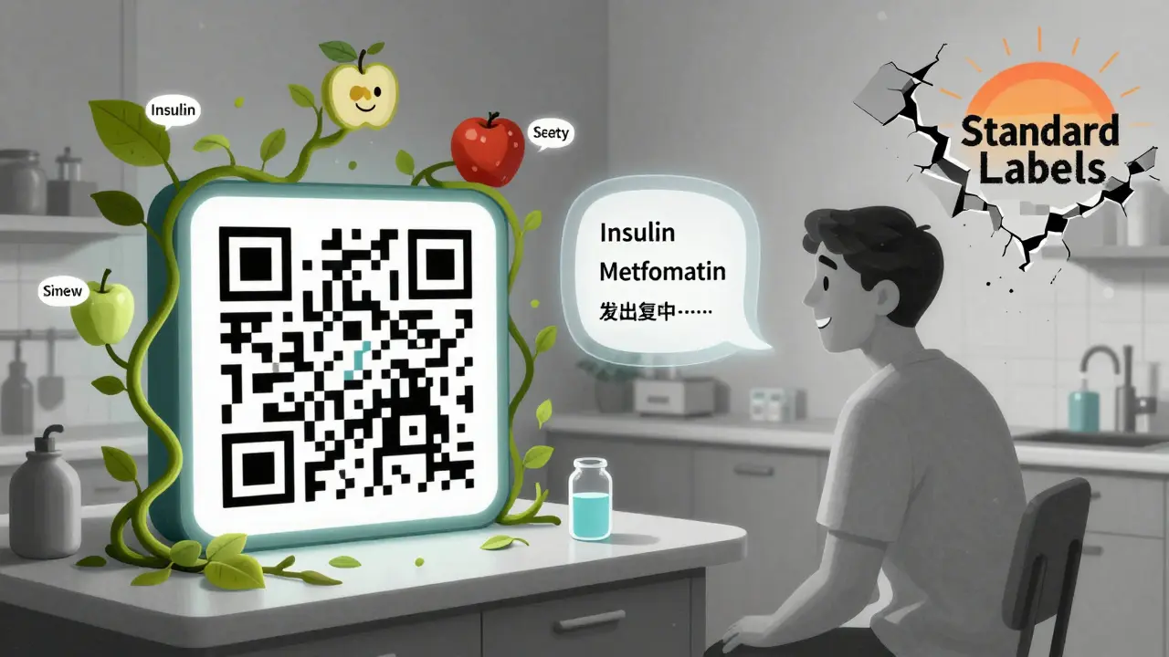A QR code in a kitchen transforms into fruit and voice waves, representing safe, audible medication access.