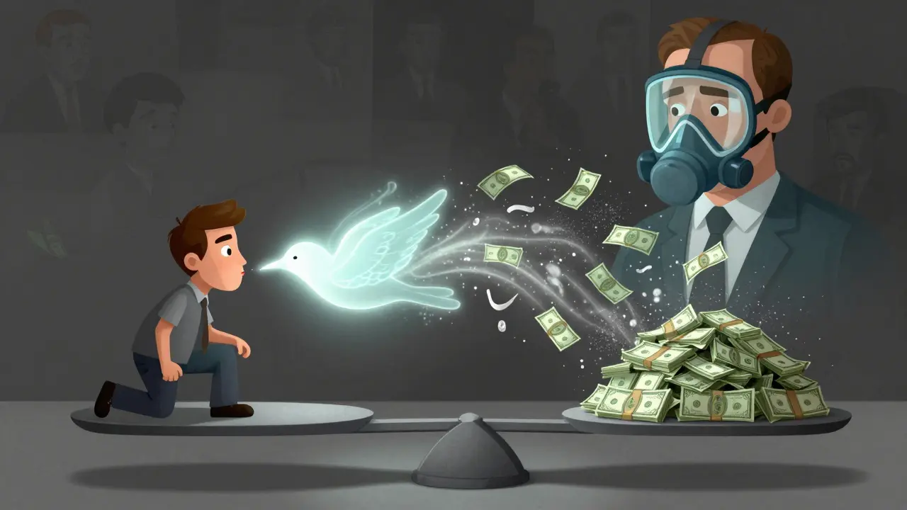 A scale balancing a worker's breath as a fragile bird against piles of cash turning into toxic dust, with a supervisor wearing a glass respirator reflecting workers below.
