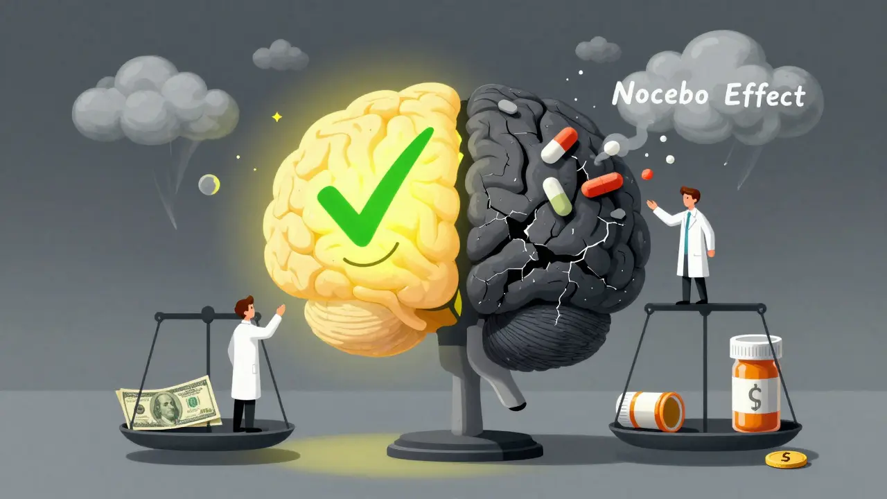 A split brain with one side calm and green, the other dark and stormy, balanced by prescription bottles and price tags.
