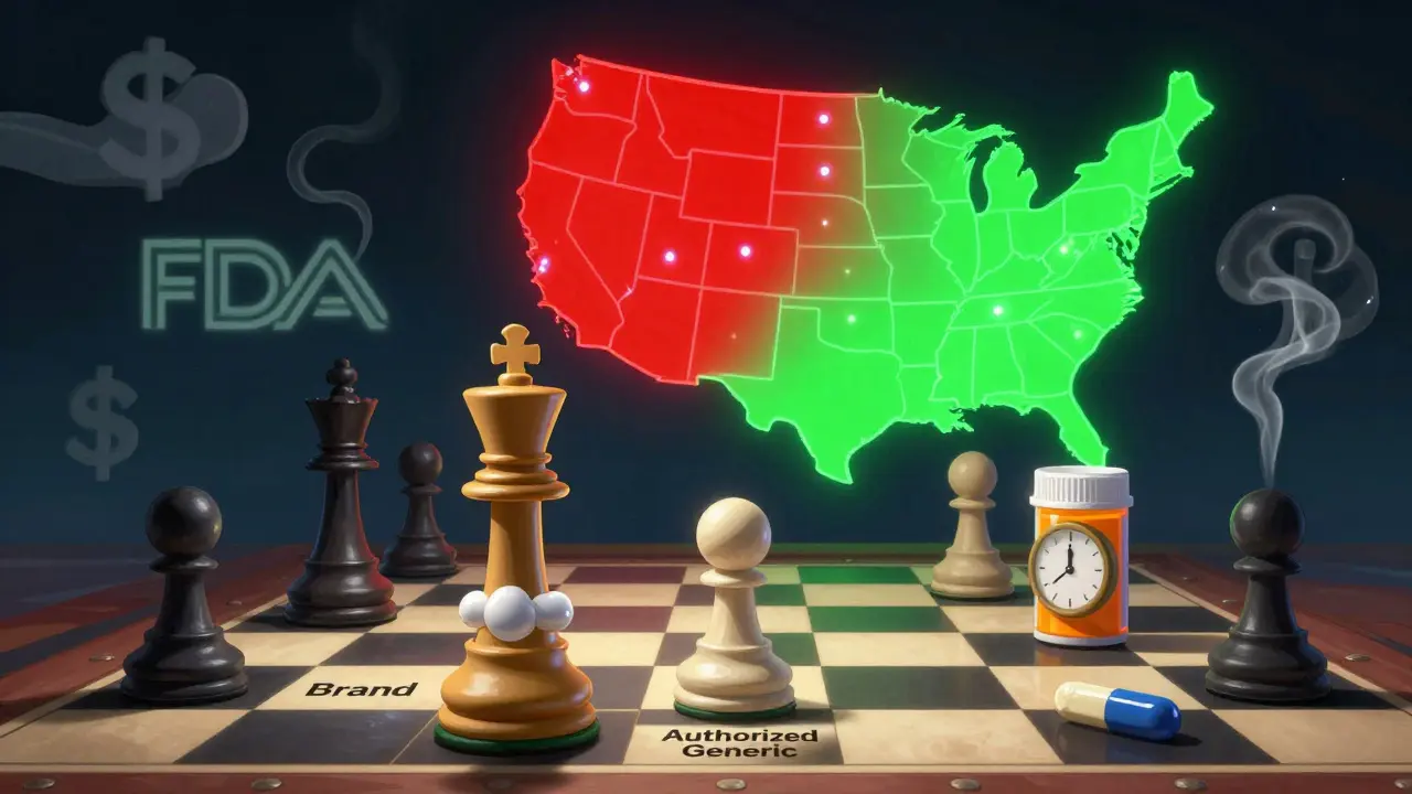 A surreal chessboard where a brand drug transforms into a generic, with a pill-bottle clock and U.S. manufacturing map in background.