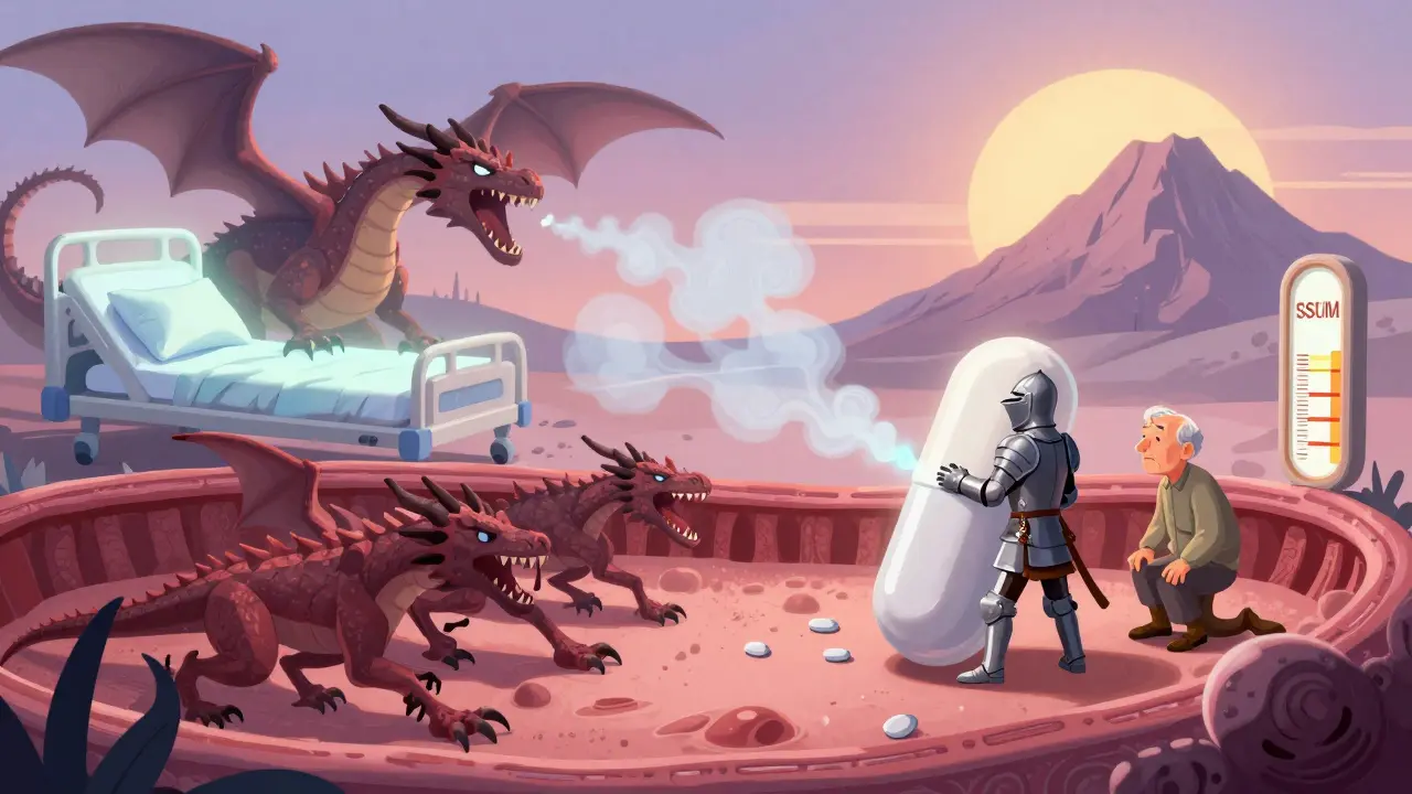 A tiny mirtazapine knight defending an elderly patient from SSRI dragons breathing water, with sodium rising like a sunrise in abstract surreal style.