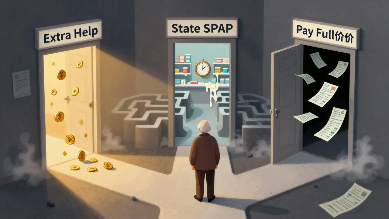 An elderly person facing three surreal doors representing federal, state, and no assistance, each leading to a different dreamlike world of drug costs.
