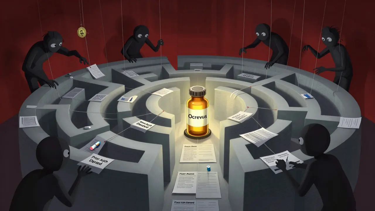 An oncologist navigates a maze of denied insurance forms toward a glowing drug bottle.