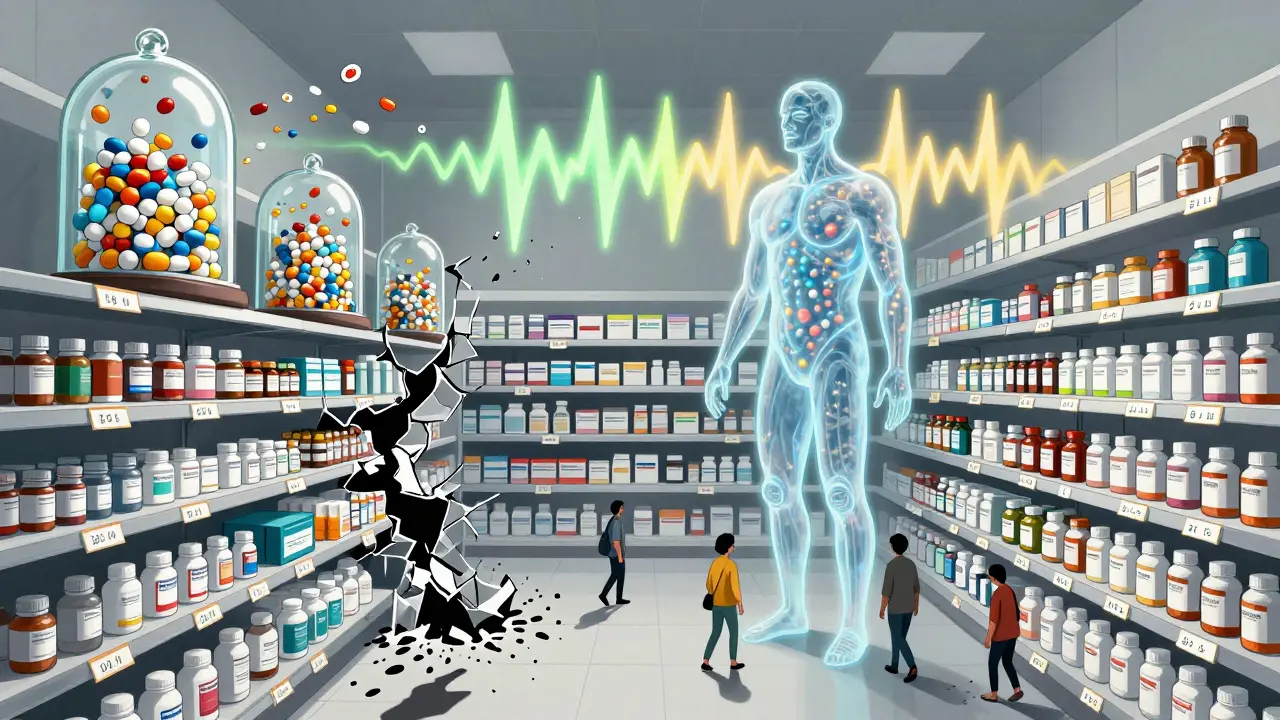 Brand-name drugs are trapped in glass domes with endless prices; generics sit freely as light waves pulse through a human body and fear shadows crumble.