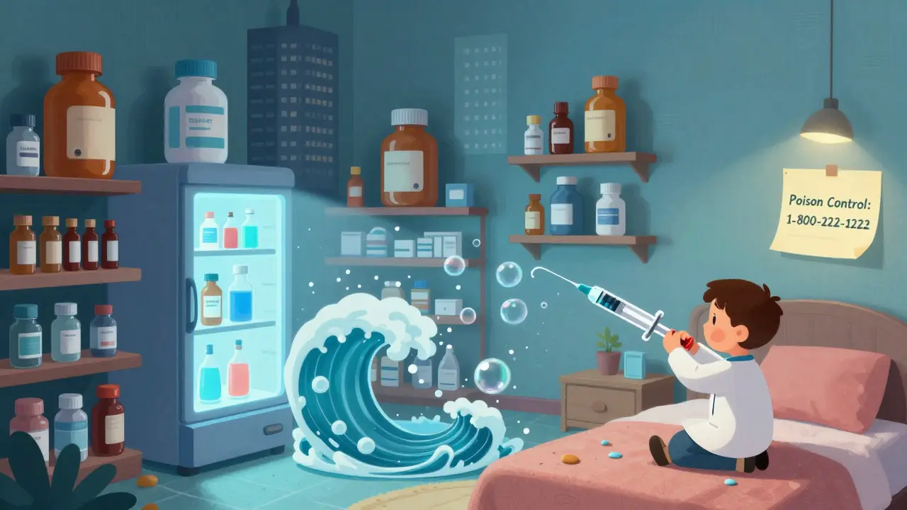 Child's room turned into a surreal pharmacy with giant bottles, glowing fridge, and medicine vortex.