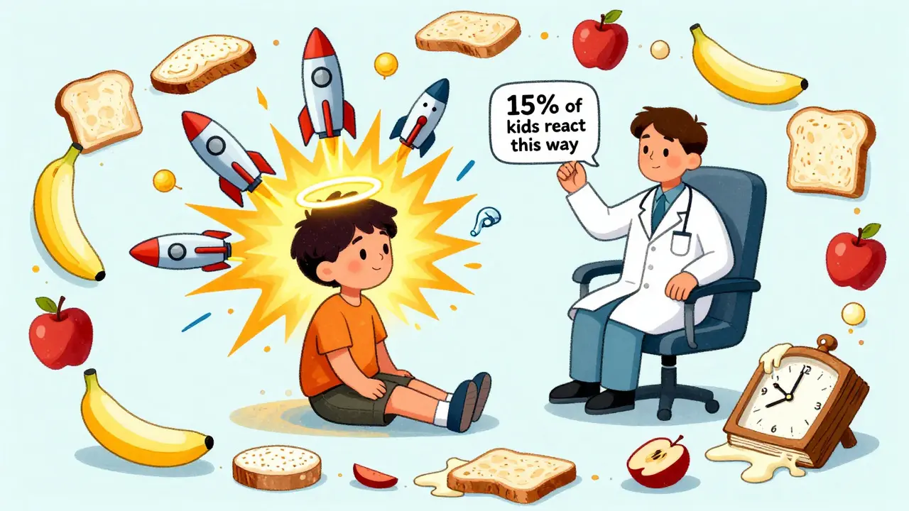 Child emitting hyperactivity explosions while calm doctor holds label, surrounded by BRAT diet items.