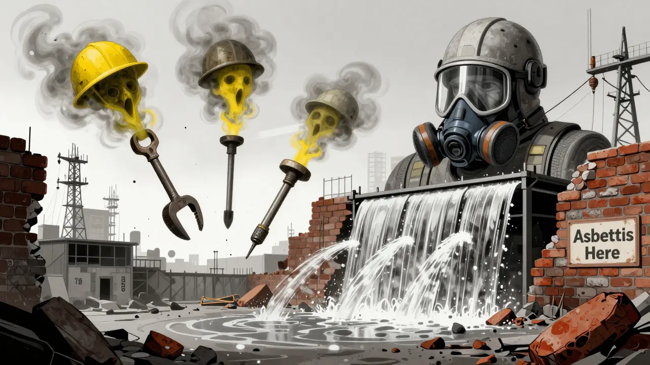 Floating construction tools emitting dust clouds shaped like ghostly faces, with a giant respirator and wet-cutting water shields protecting against crumbling asbestos walls.