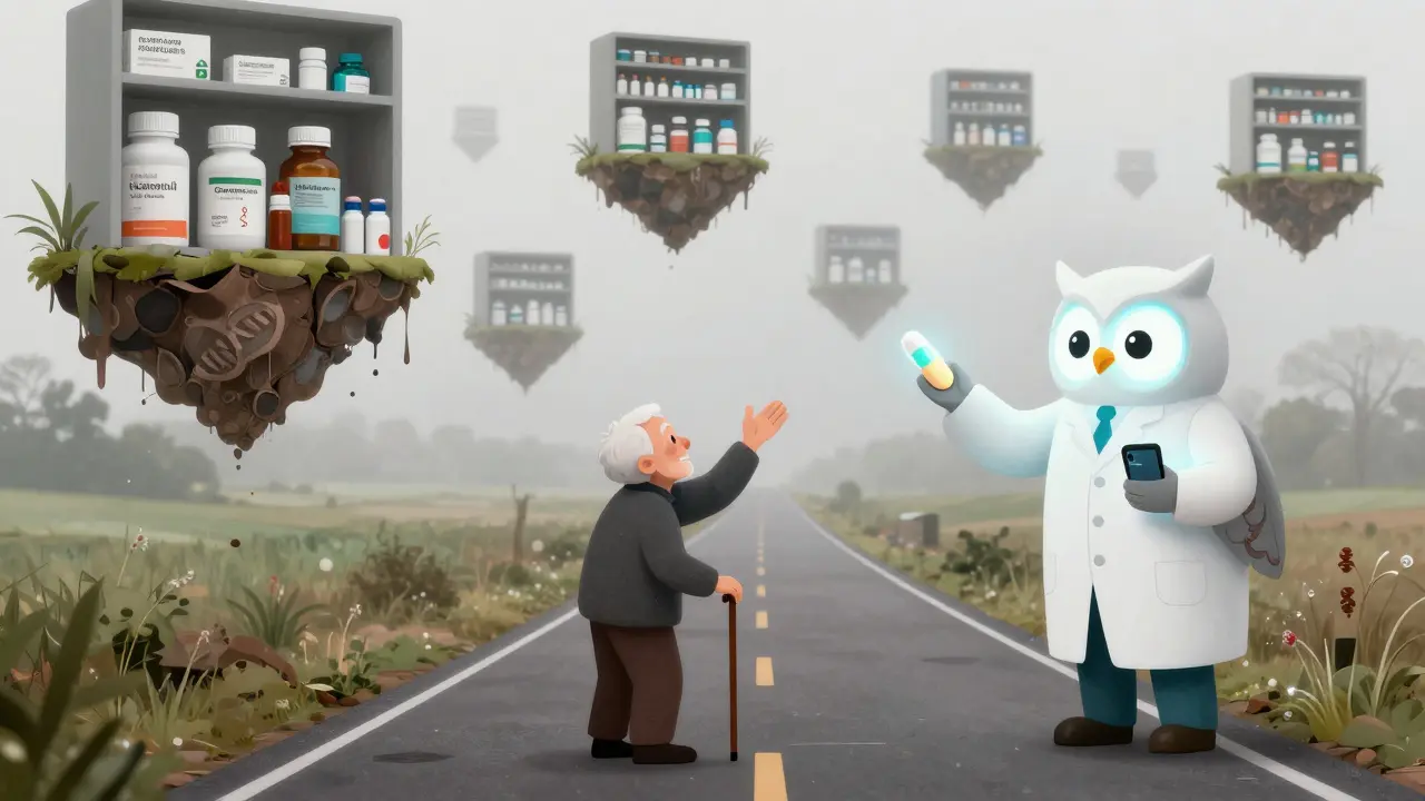 Floating medicine islands hover over a rural road as an AI owl offers a pill to an elderly person.