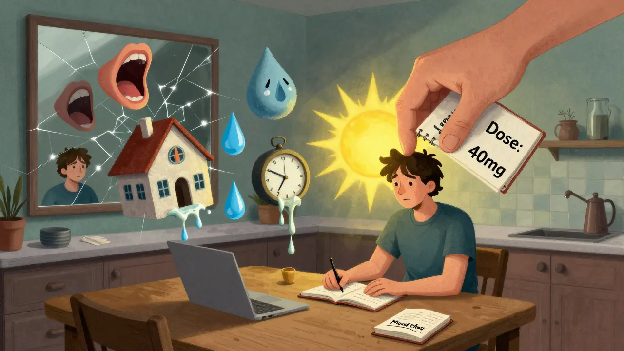 Fragmented figure surrounded by floating emotions, a giant pill hand crushing a mood journal.