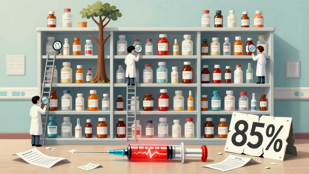 Giant pharmacy shelf with surreal medication bottles and tiny pharmacists verifying doses.