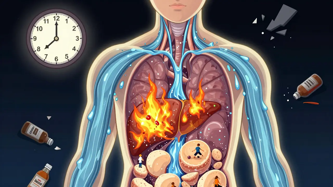 Human body with water rivers igniting fat-burning sparks and breaking down fat cells.