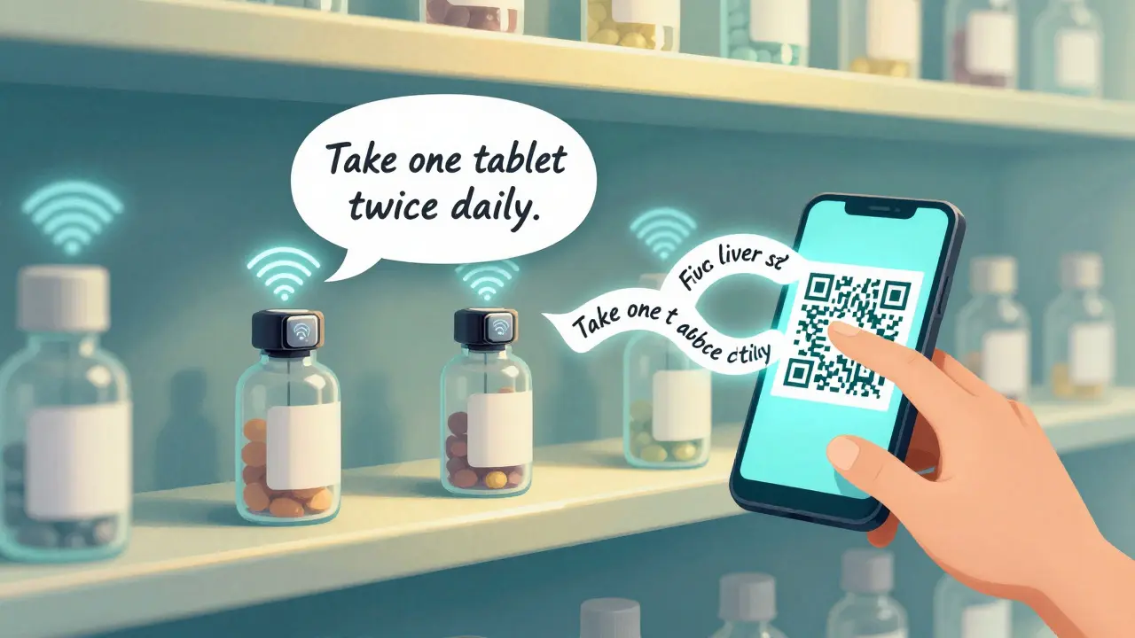 Medication bottles emit audio waves from RFID chips, with a smartphone projecting a QR code that turns into spoken words.