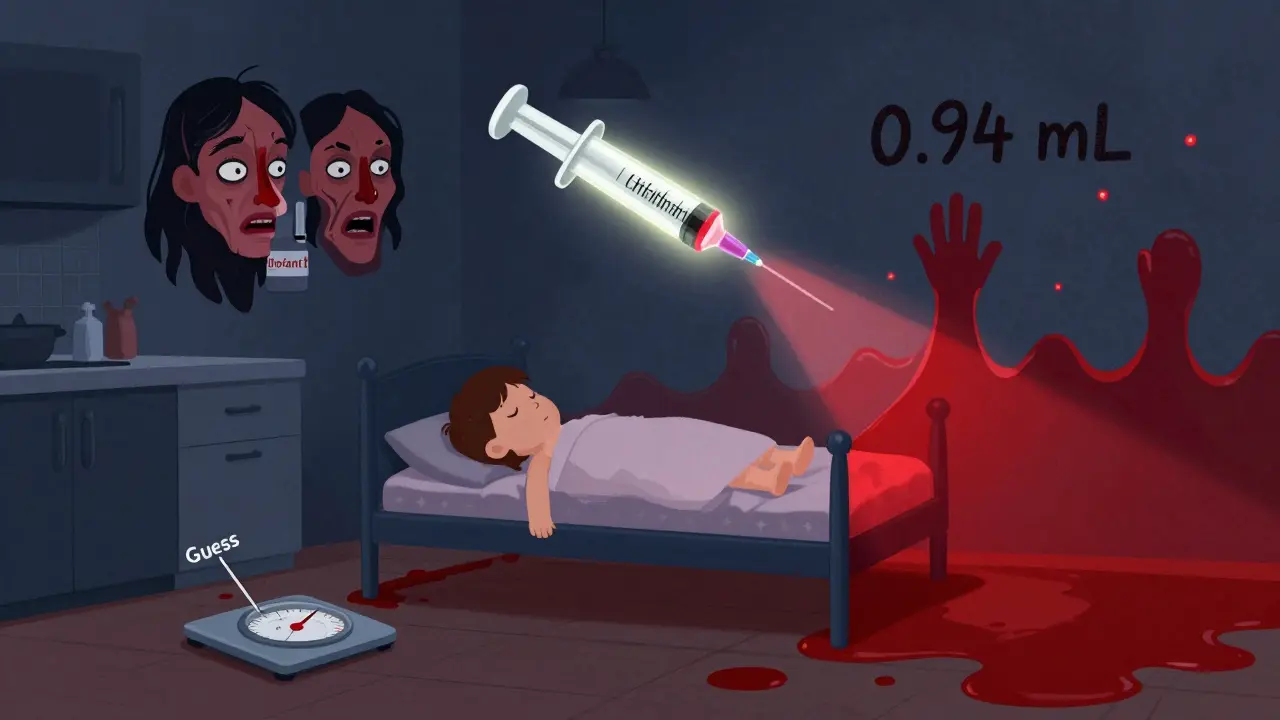 Parent’s kitchen with glowing syringe and distorted medicine labels casting ominous shadows.