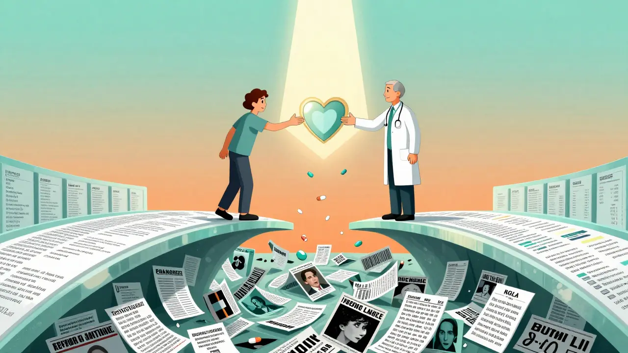 Patient and doctor connect across a bridge of medication lists, above a chasm of misleading headlines.