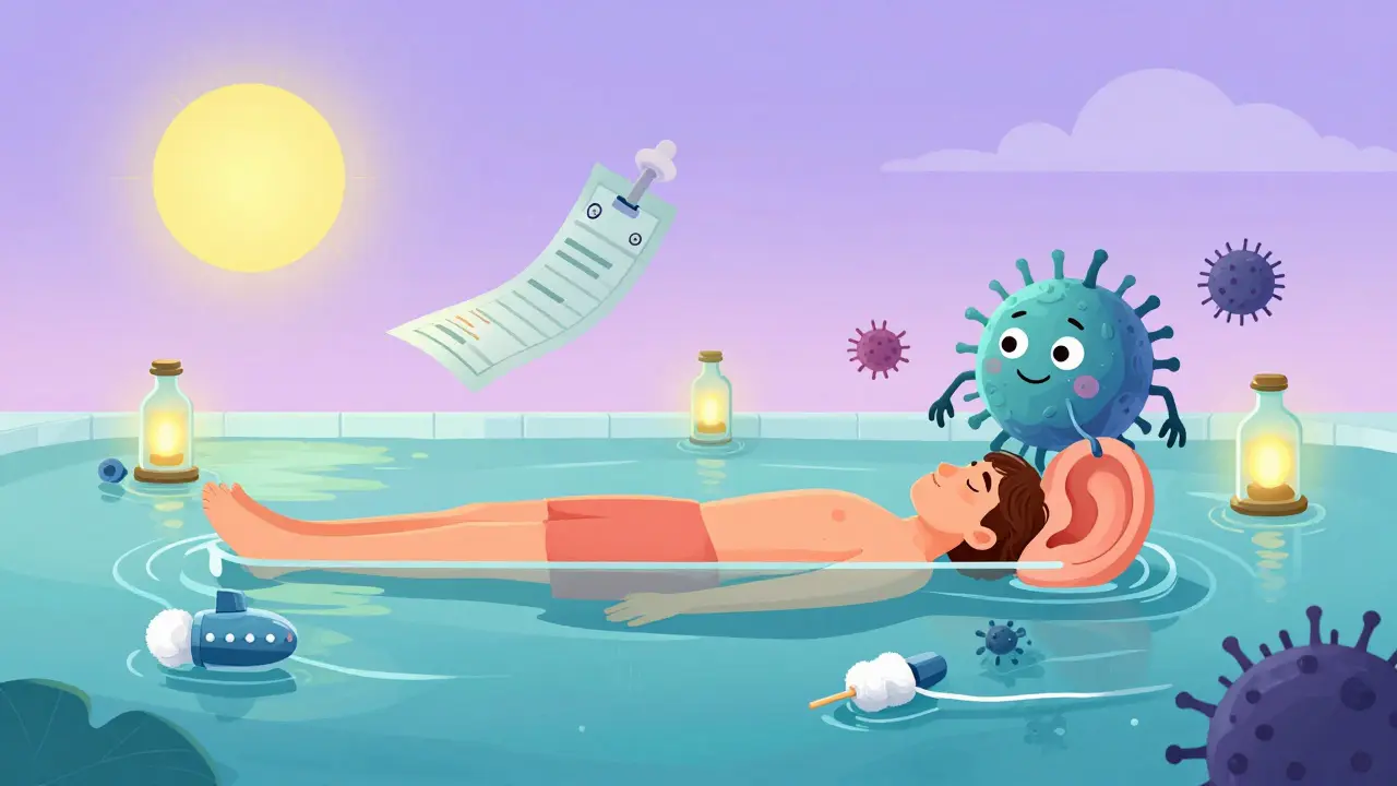 Peaceful floating figure in a glass pool, guarded by friendly bacteria, with earplugs and drops as glowing symbols of prevention.