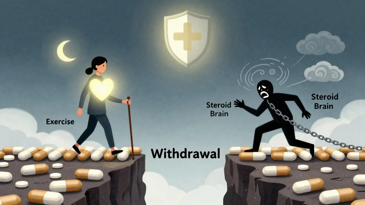 Person crossing a pill bridge toward calm, while another is pulled back by panic chains.