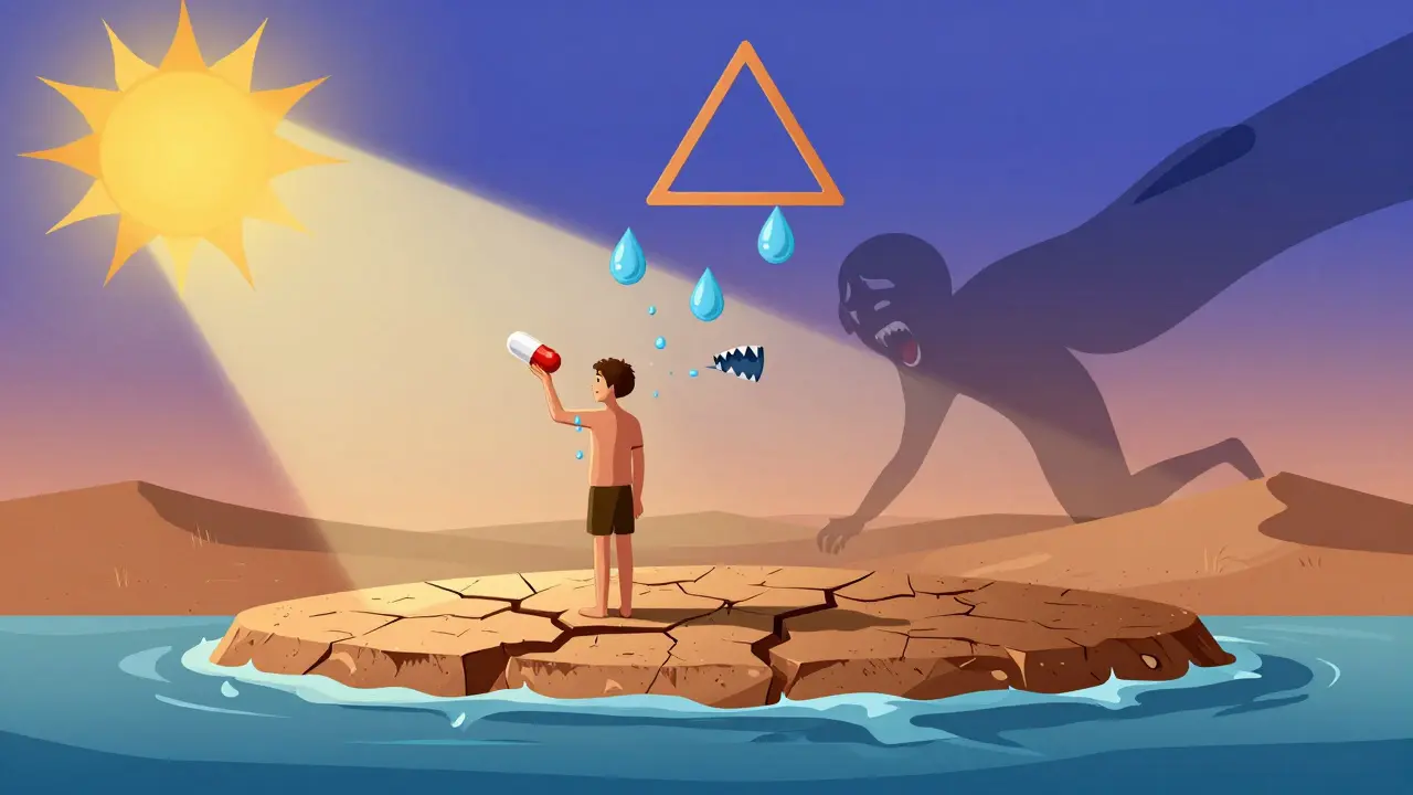 Person on a desert island losing moisture to diuretic fangs, with a warning sun above.