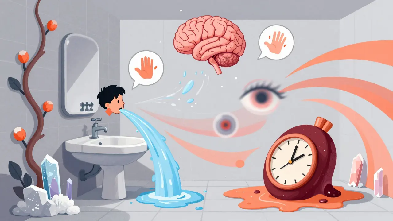 Surreal bathroom scene with upward-flowing water, salt vines, and symbols of lithium toxicity swirling.