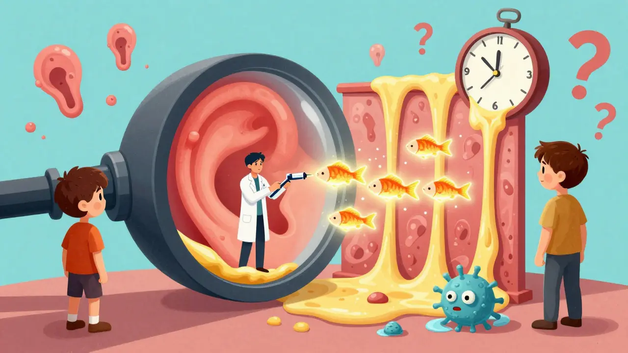 Surreal cartoon scene showing a child and adult viewing an inflamed ear canal through a giant otoscope, with antibiotic drops fighting infection.