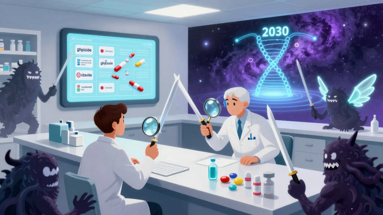 Technicians battle drug confusion monsters on a pharmacy counter, with AI projections repairing labels and a futuristic horizon showing genes linked to medications.