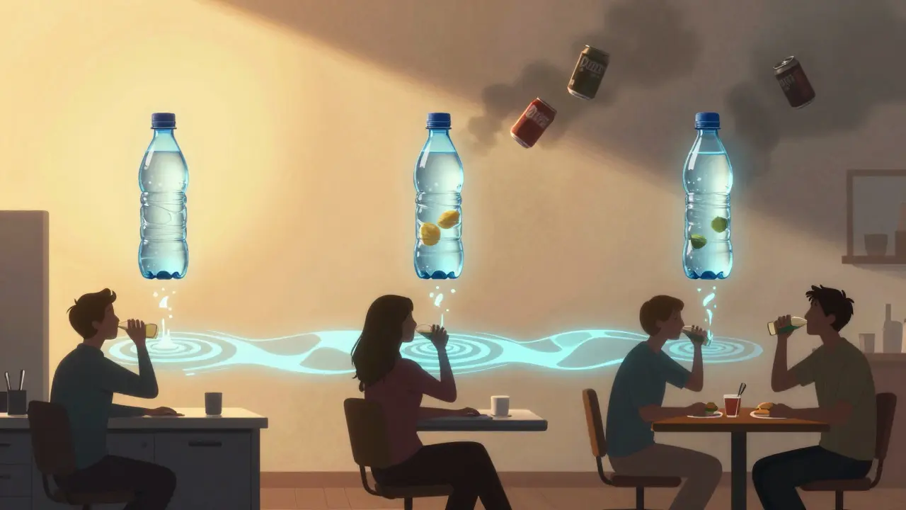 Three water bottles before meals transforming portions into lighter servings with glowing pathways.