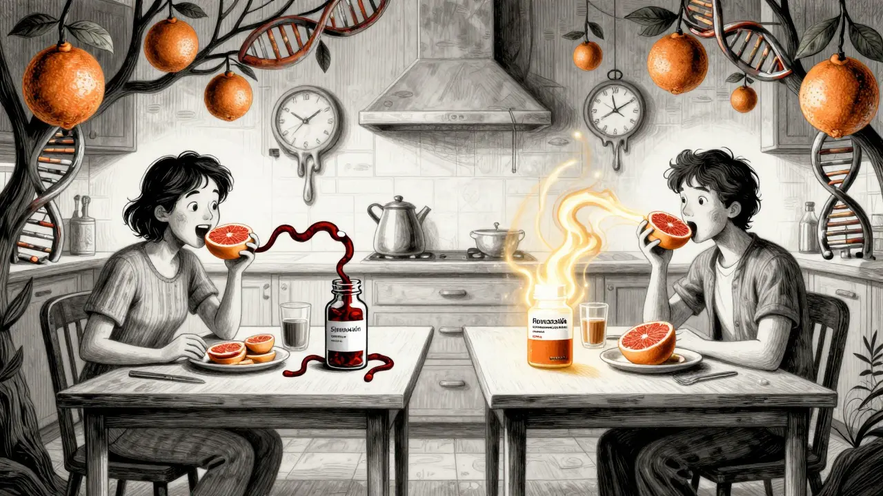 Two breakfast scenes show grapefruit safely interacting with one statin but dangerously affecting another in a dreamlike kitchen.