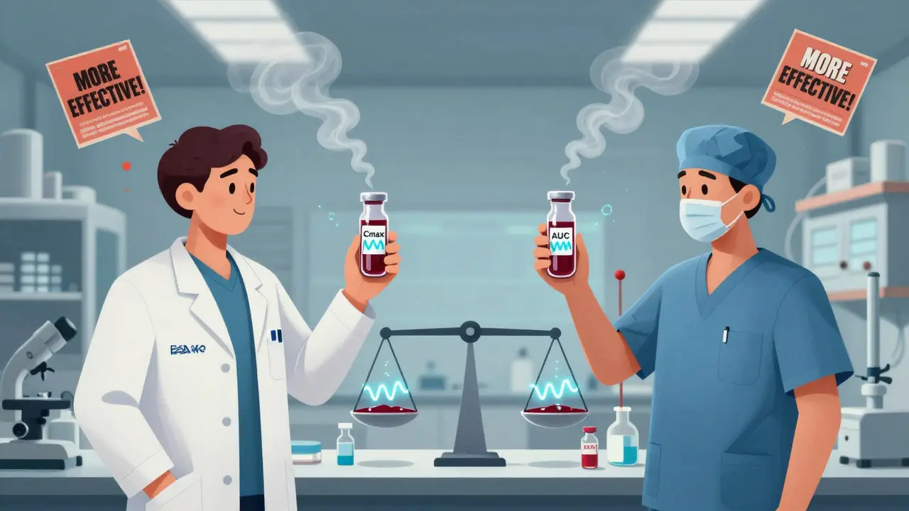 Two identical figures hold matching blood vials with glowing wave patterns, while marketing ads dissolve into smoke around a balanced FDA scale.