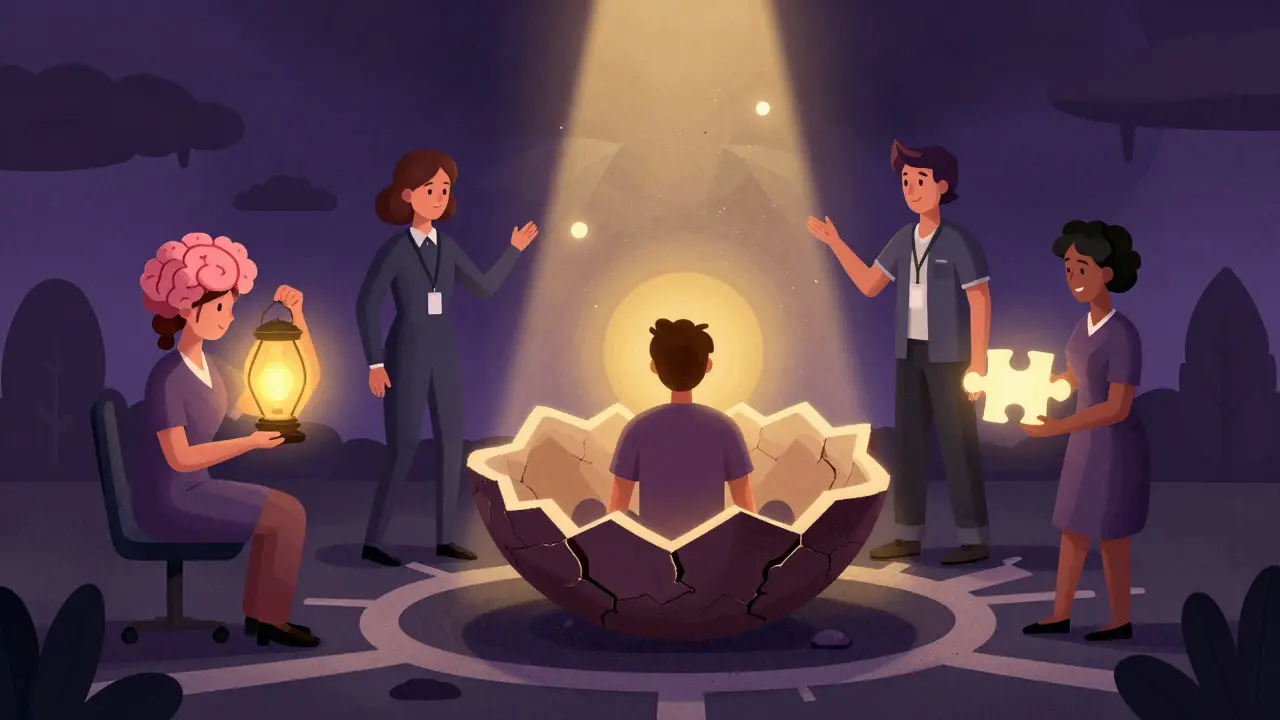 A care team of abstract figures helping someone emerge from a dark shell into warm, healing light.