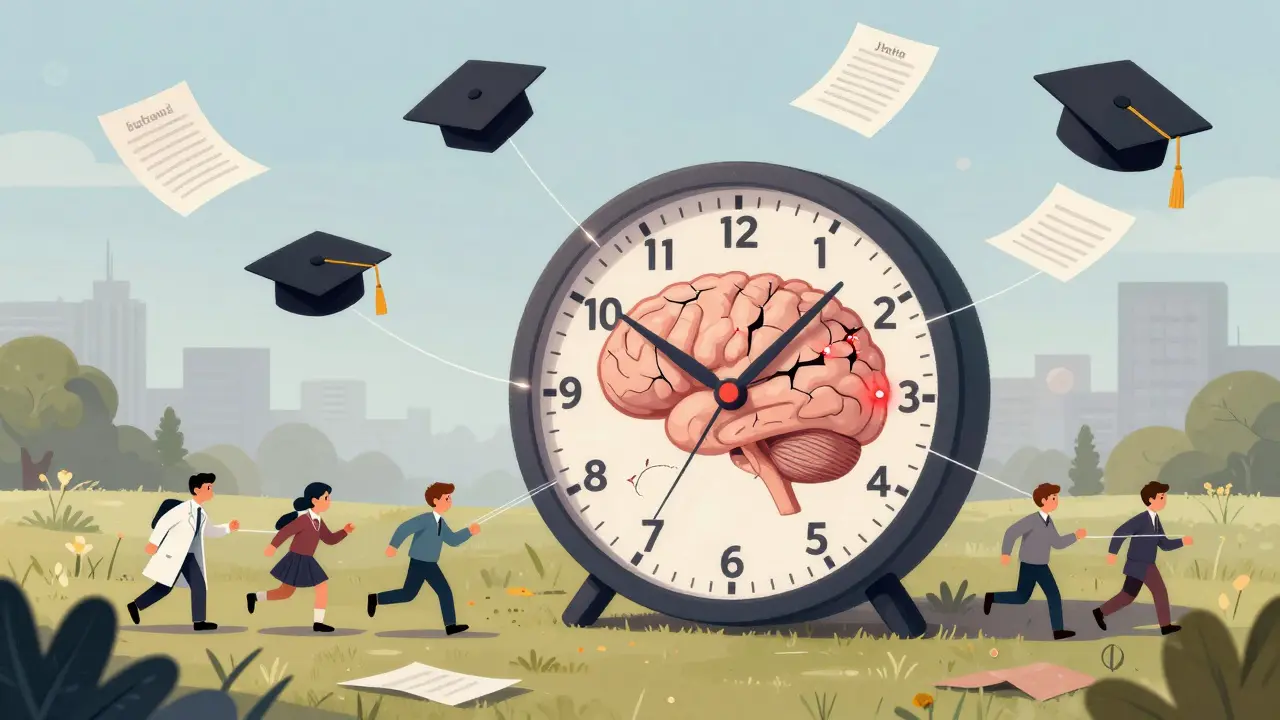 A clock made of falling diplomas and job apps, with a cracked brain glowing red, symbolizing urgent need for early care.