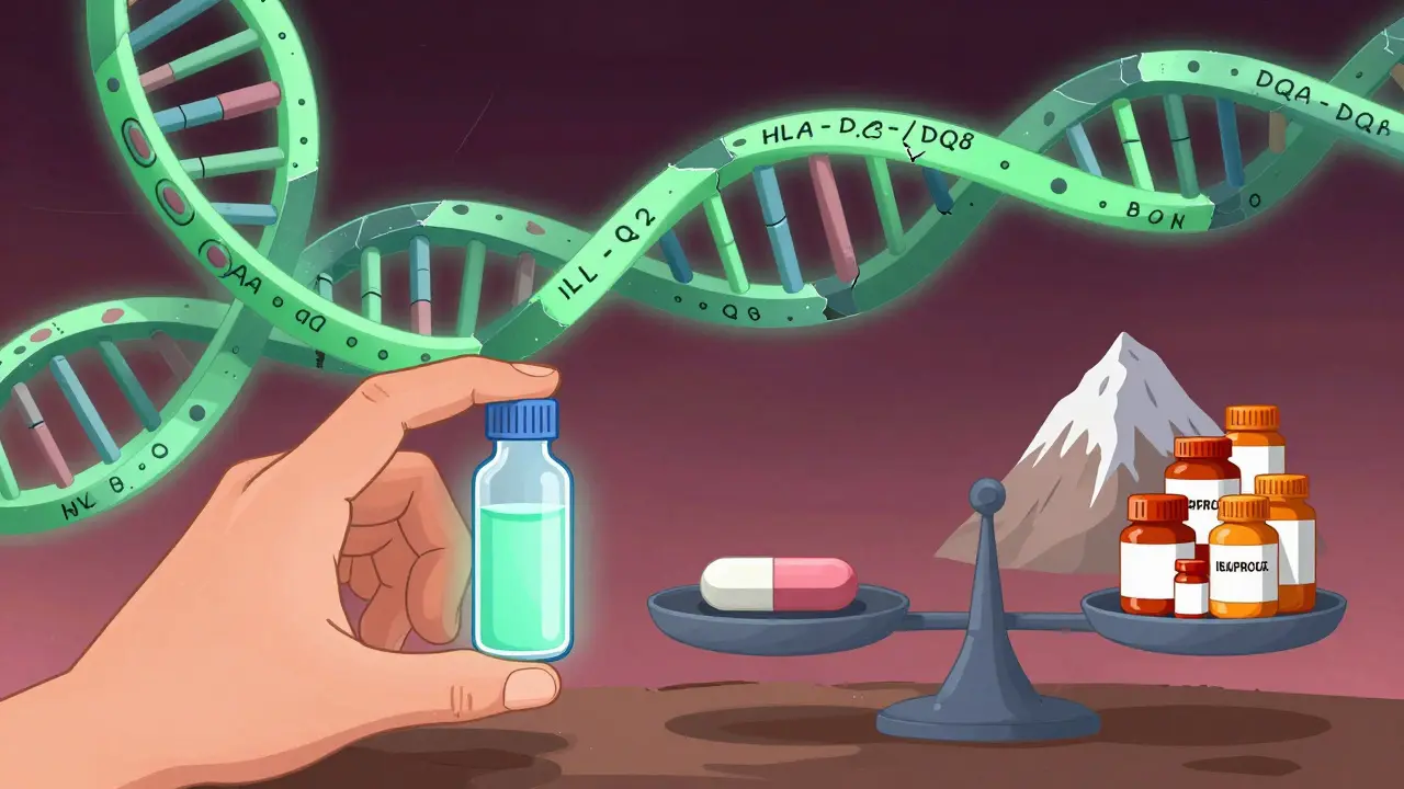 A fractured DNA strand glowing with genetic markers, beside a stool vial emitting light and a scale balancing budesonide against NSAID bottles.
