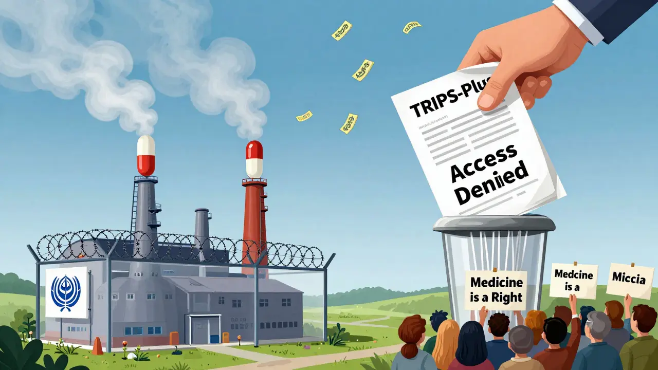 A generic medicine factory is barred by legal barriers as dollar signs rain from a trade contract shredder.