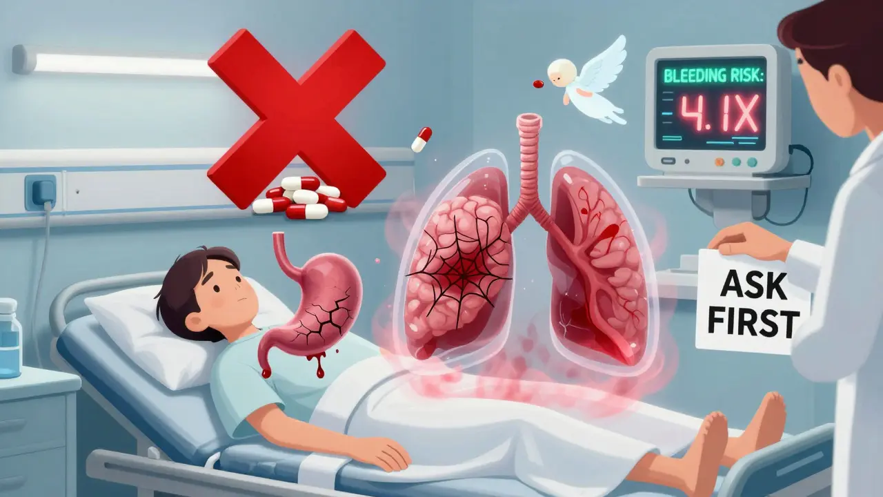 A hospitalized patient surrounded by bleeding organs, with NSAID pills marked by a giant red X and acetaminophen glowing safely above.
