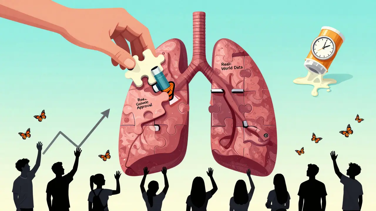 A lung-shaped puzzle missing a piece, with FDA dropping a new one as patients reach up, cost graphs turning into butterflies.