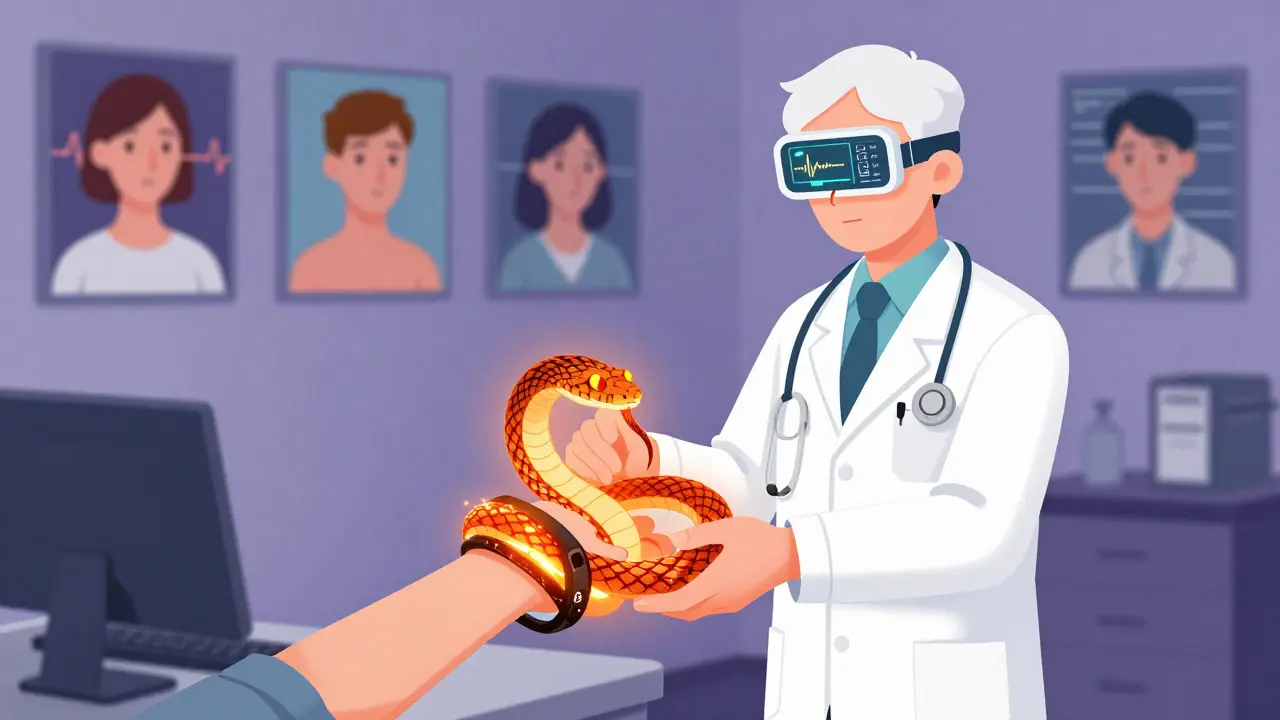 A patient handing a living, serpent-shaped wearable to a doctor, with floating patient avatars displaying vitals in surreal, symbolic form.