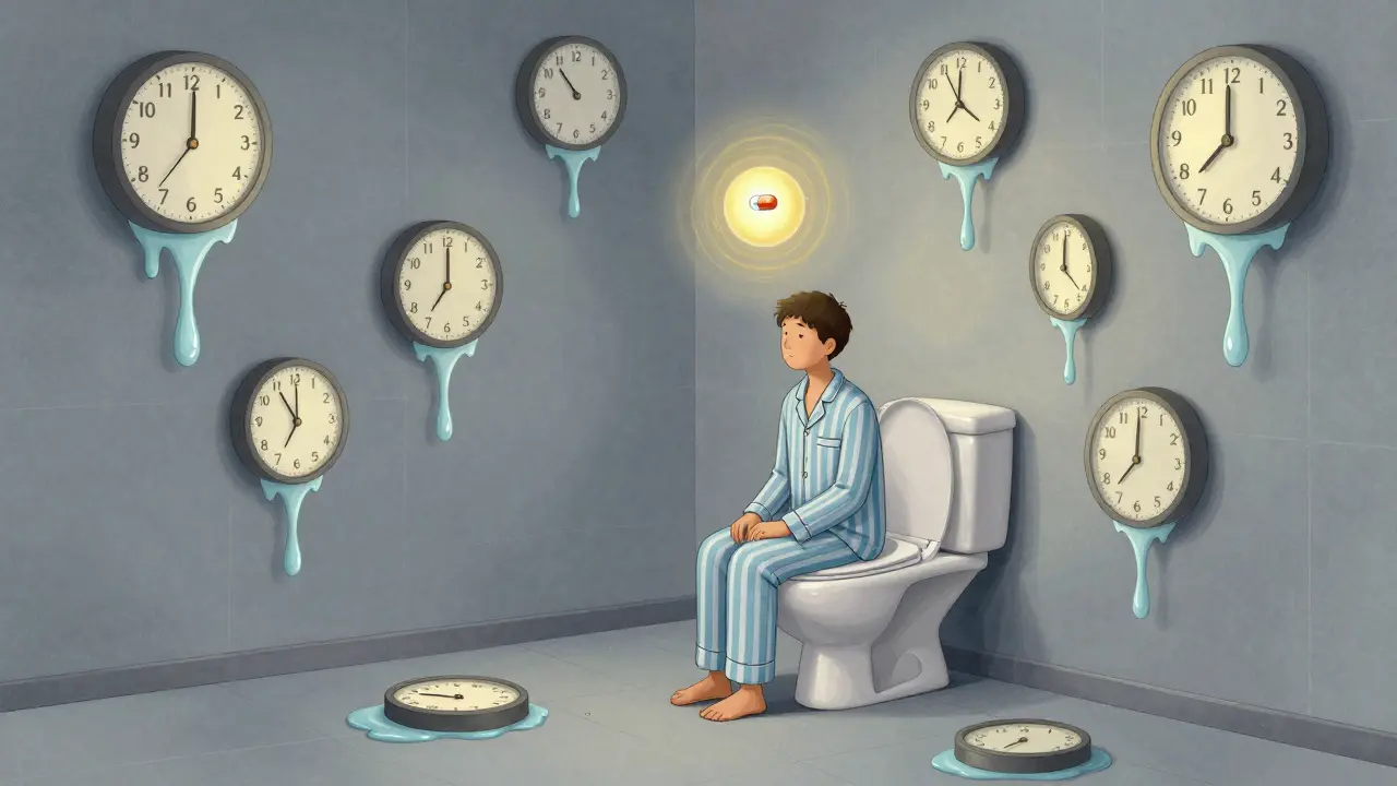 A person on a toilet surrounded by melting clocks and water droplets labeled 5-10, with a glowing budesonide pill above them.