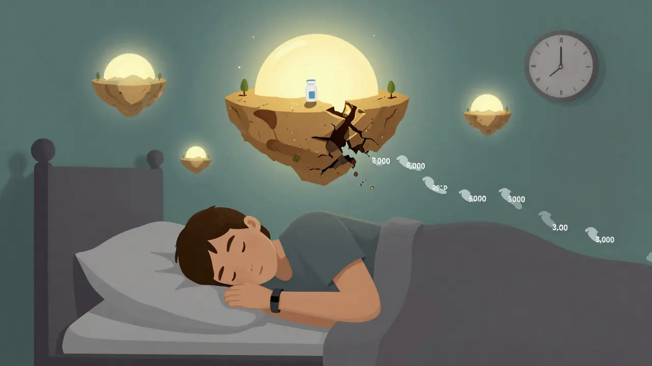 A person sleeping with floating sleep stage islands above them, one crumbling, while ghostly footsteps fade from 8,000 to 3,000 steps.