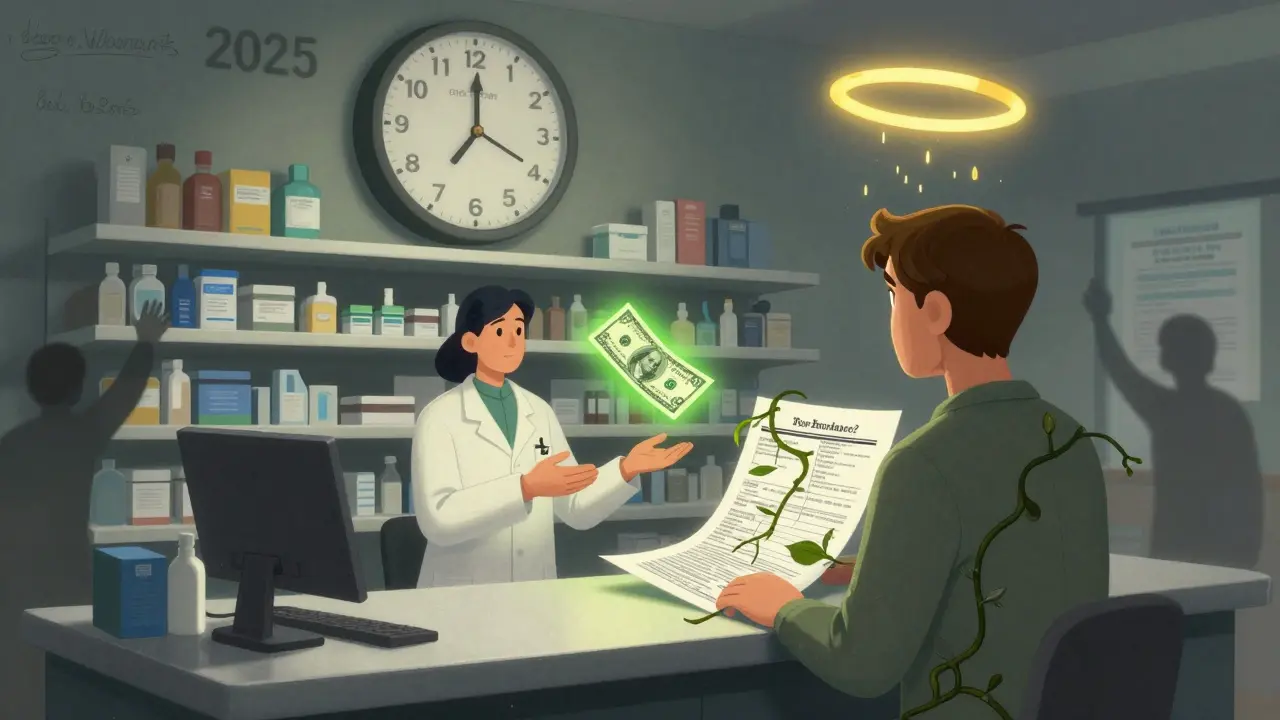 A pharmacist offers two choices at a counter: a small  bill and a massive insurance form, with a golden ,000 cap descending overhead.