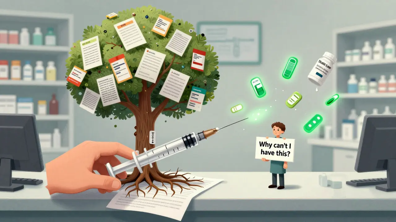 A pharmacy counter where a syringe turns into a tree, its roots cut by legal scissors, while a patient watches helplessly.