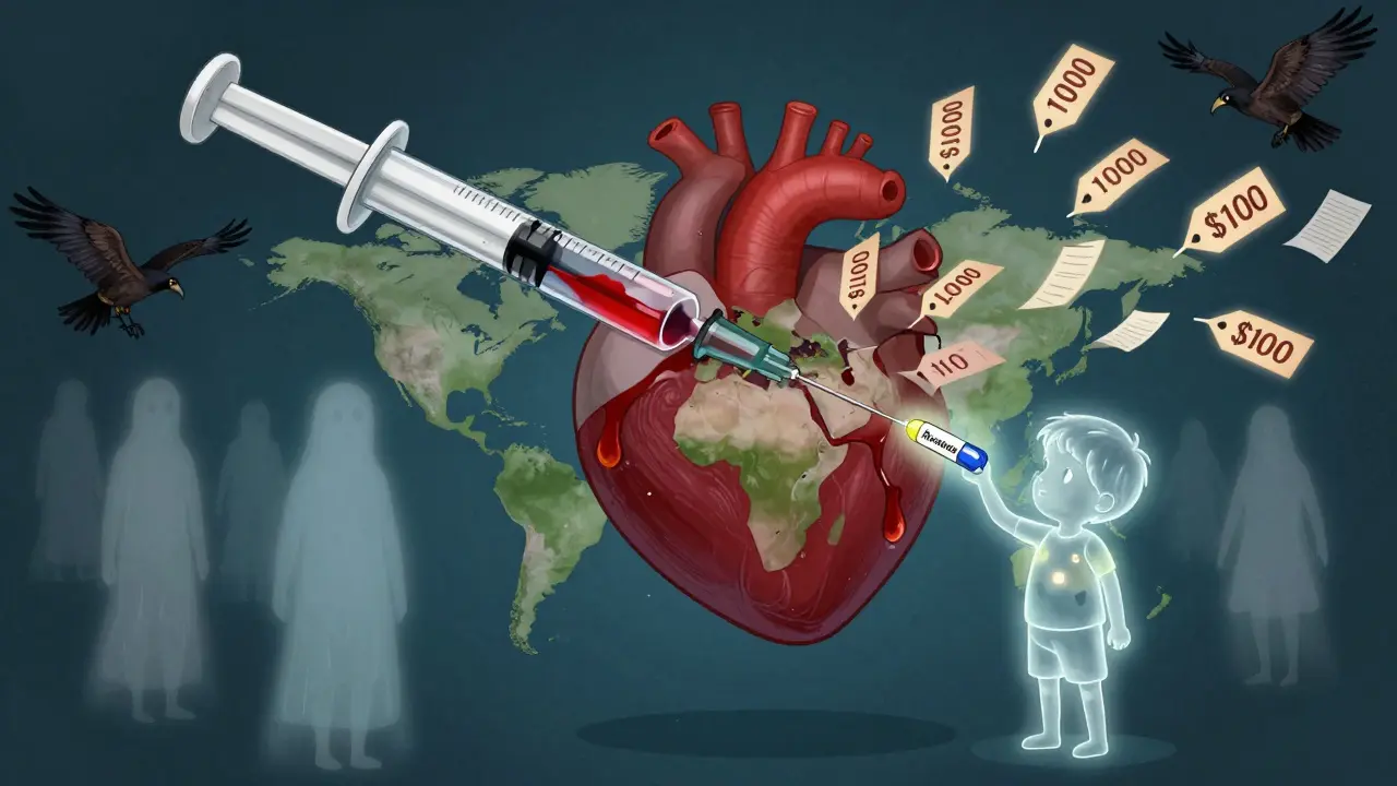A syringe pumps price tags into a heart map, with fading patients and one glowing generic pill.