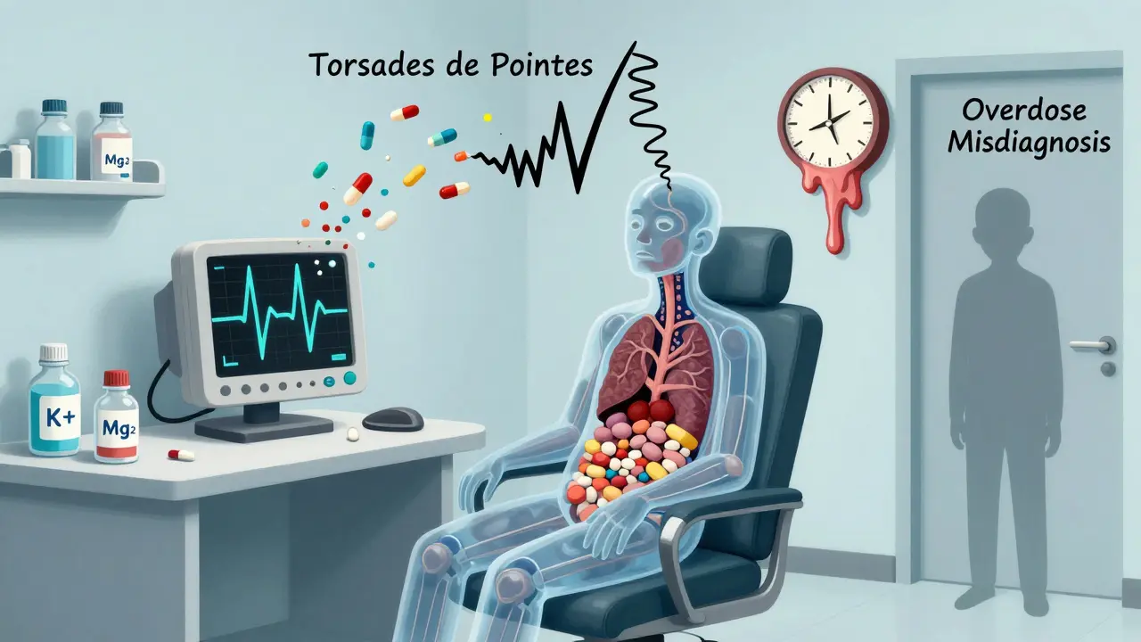 A transparent patient with an ECG tree growing from their chest, surrounded by floating pills and draining electrolyte bottles.
