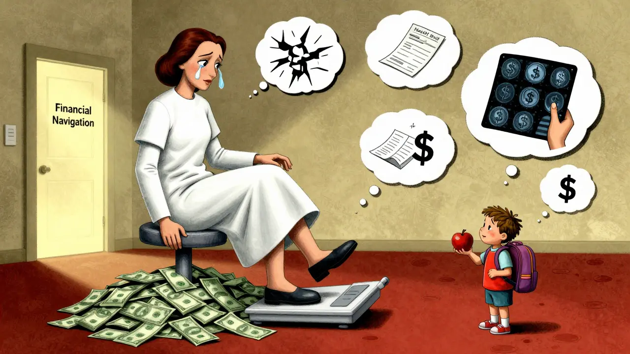 A woman on a scale tipped by money, with thought bubbles showing financial stress and a distant door labeled 'Financial Navigation'.