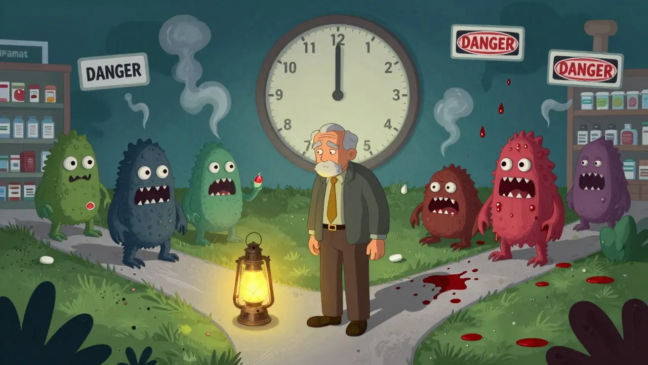 An elderly man at a crossroads between safe acetaminophen light and dangerous NSAID monsters in a surreal pharmacy.
