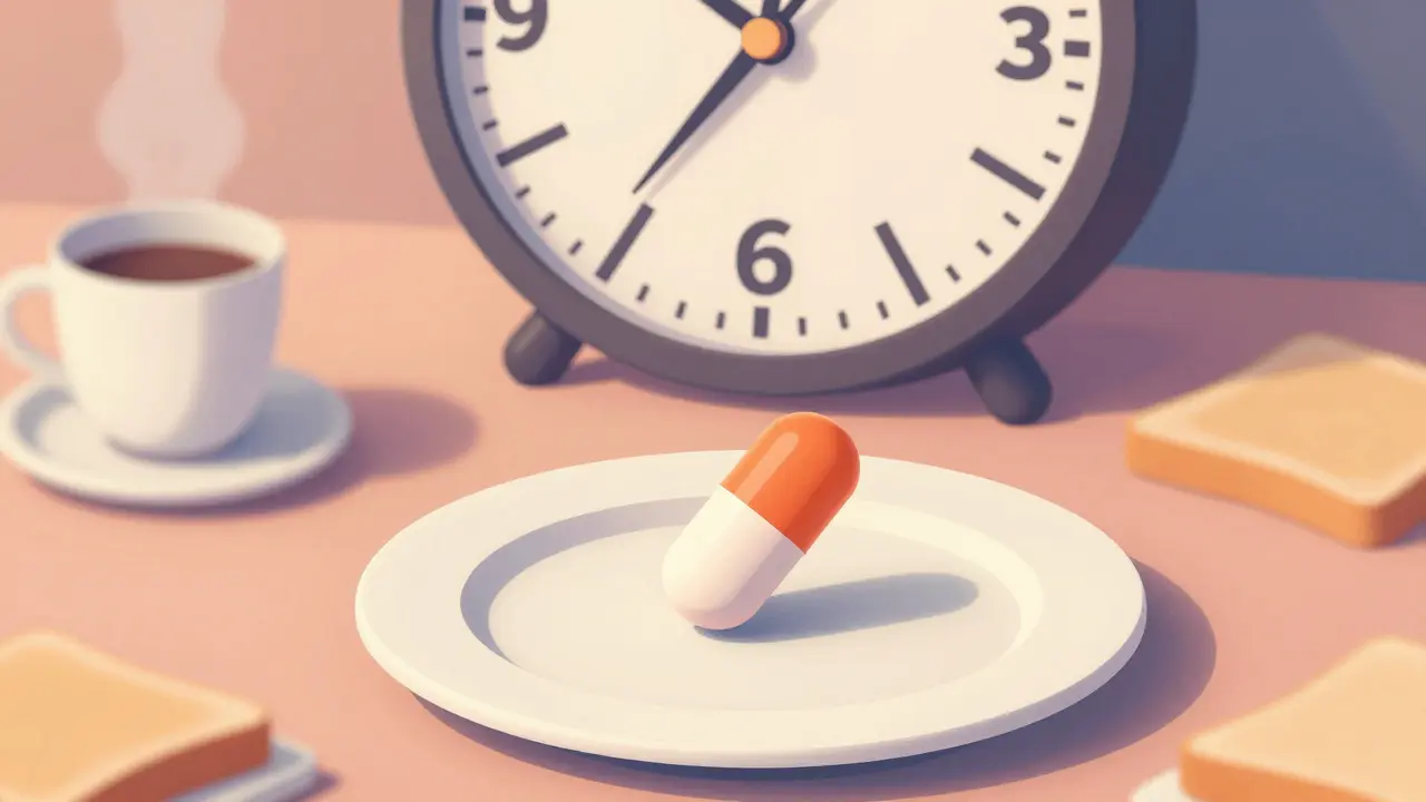 Levothyroxine pill floating above empty plate with 6 a.m. clock