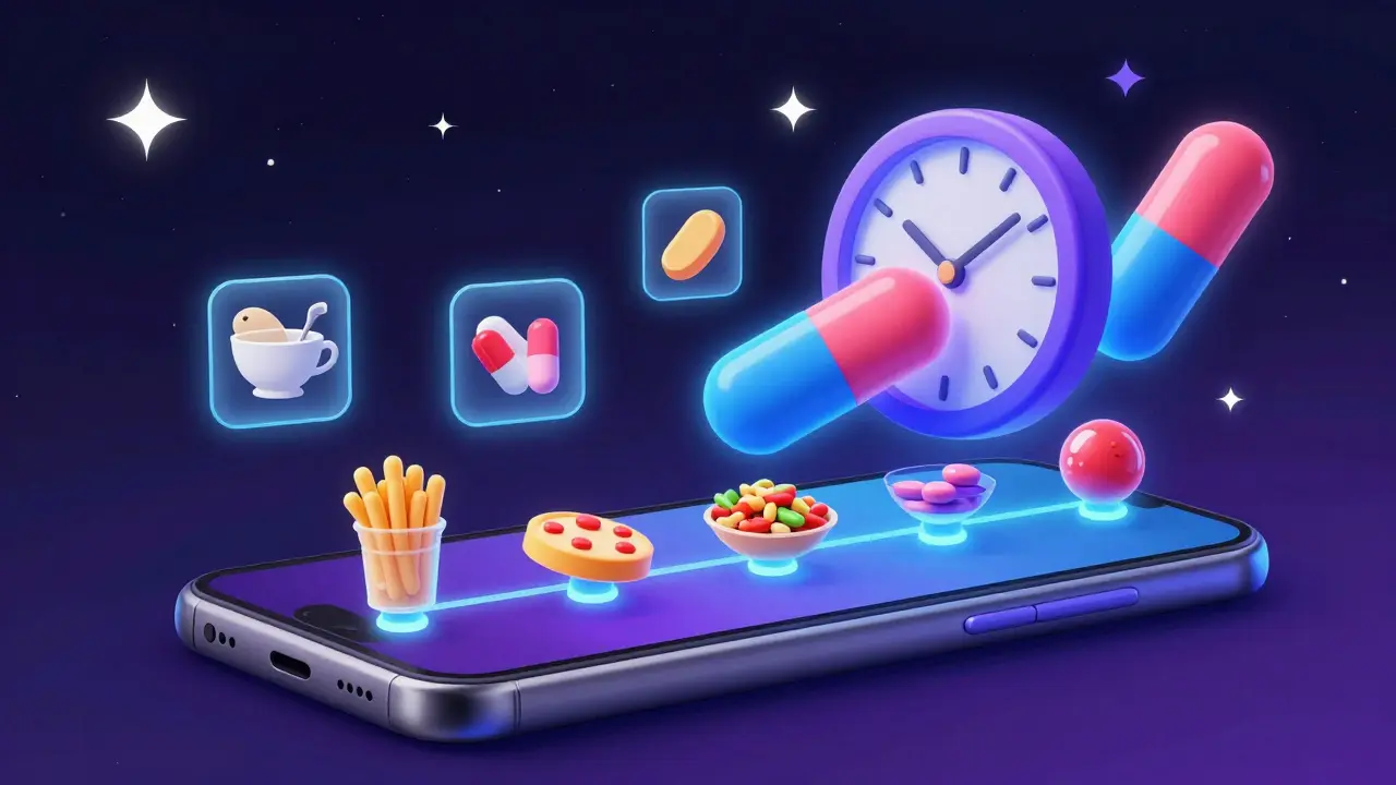 Smartphone timeline showing pill and food interaction in neon colors
