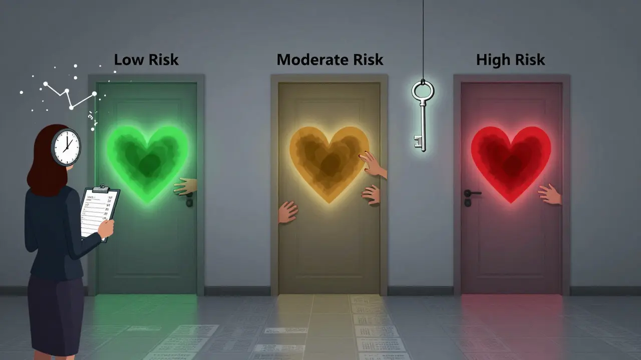 Three doors labeled by risk levels, each with a differently colored pulsing heart, and a key shaped like an ECG electrode glowing in the air.