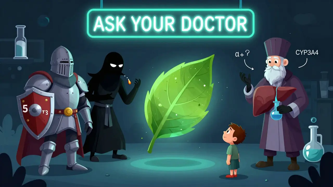 Three quirky drug characters surround a peaceful dexamethasone leaf, representing different nausea treatments and serotonin risks.