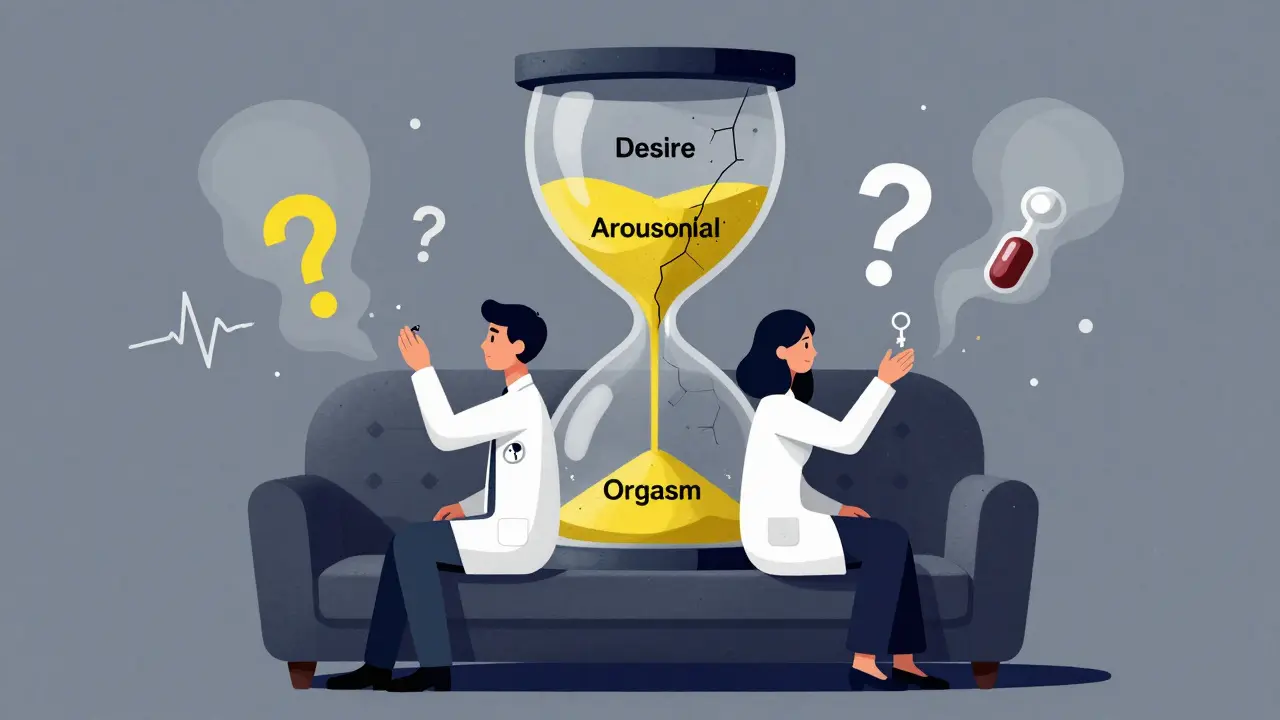 A couple back-to-back on a floating couch with an upside-down hourglass, symbolizing lost desire and the search for connection.