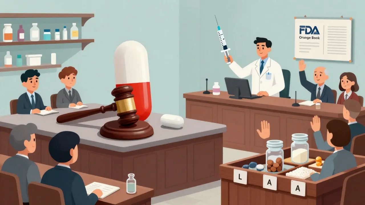A courtroom where a generic pill is on trial beside its brand version, with ingredient labels as jurors.