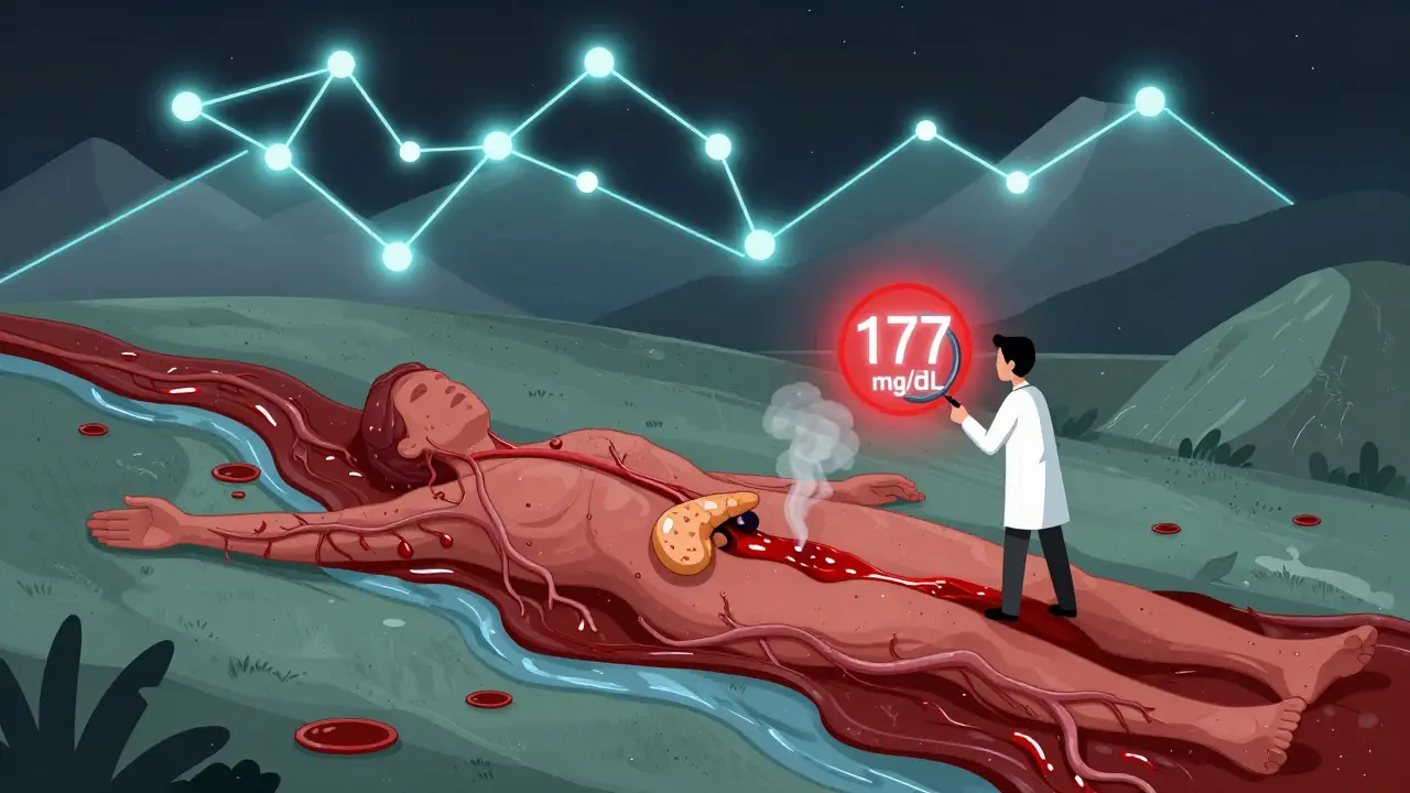 A human body as a landscape with clogged rivers, an AI constellation mapping triglyceride trends, and a red warning flare at 177 mg/dL.
