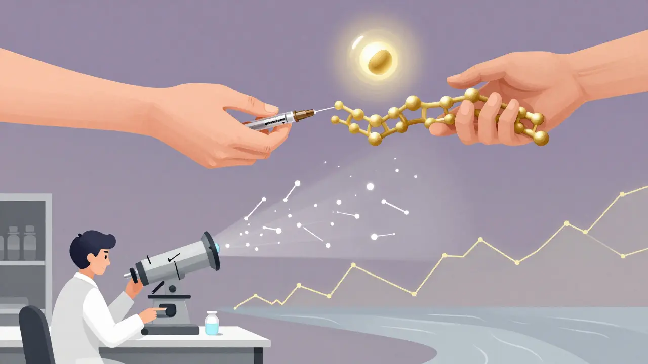 A patient receiving an injection as a bridge of protein chains connects to a floating drug molecule, with data constellations above a lab.